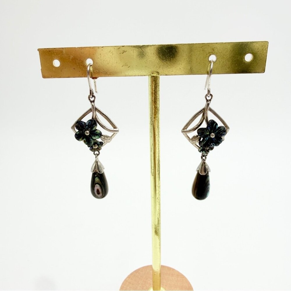 Silver Tone Abalone Flower Drop Earrings – Art Nouveau Style - Picture 3 of 4